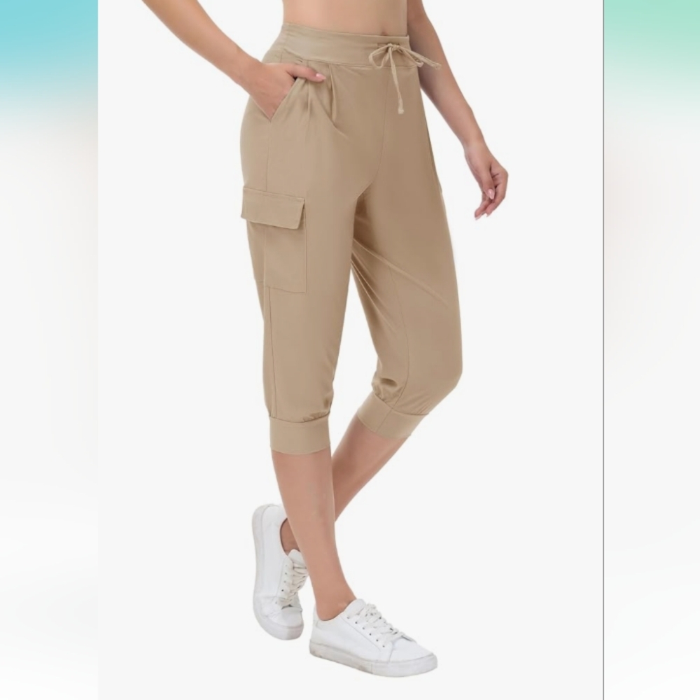 Capri Cargo Joggers Cropped Golf/Leisure Athletic Pants Khaki Sz L - Picture 4 of 12